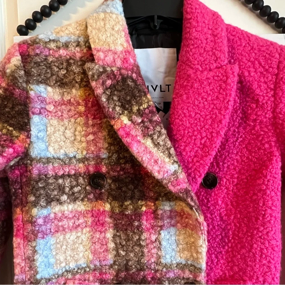 Anthropologie NVLT Plaid Houndstooth Fuchsia Pink Pea Coat Jacket XS 0 2 NWT 💖 - Picture 4 of 13